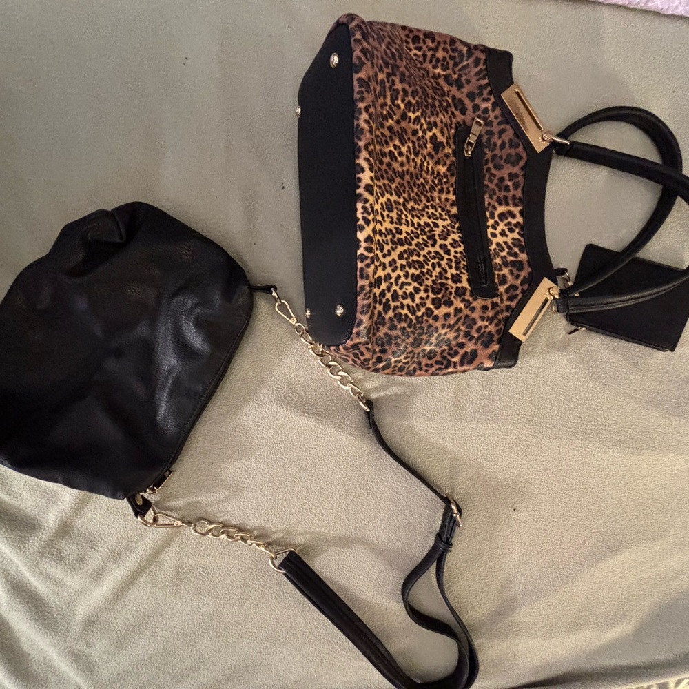 Black Rivet Faux Leather Leopard Print and Black Shoulder Bag Set